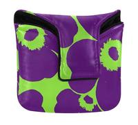 Eggplant Purple Fluorescent Green Flowers Tribal Patterns Mallet Putter Head Cover Magnetic Snap Putter Headcover for Most Brand Waterproof PU Leather