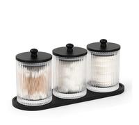 eggs sound 3 Pack Qtip Holder - Bathroom Organizers and Storage, Cotton Round Holder Floss Pick Cotton Ball Swab Holder with Tray, Glass Apothecary Jars with Lids Container Set -sw clear b