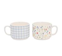 Eggs-traordinary Gifting - Set of 2 Stacking Ceramic Mugs - Gingham and Flower Design - 320ml / 11oz Capacity - Tea, Coffee & Hot Drinks Spring/Easter Home Decor & Homeware.