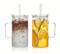 EGHFIXSD 740ML Ribbed Glass Tumbler Set of 1/2 with Handle Lid and Reusable Straws for Iced Coffee Clear Large Drinkware,2pcs,740ml