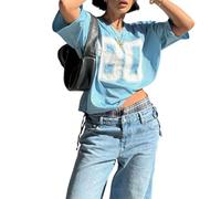 Eghunooye Women Baggy Football Jersey Shirt Number Graphic Print Short Sleeve T-Shirts Casual V-Neck Cropped Jersey Top (Blue, L)