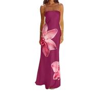 Eghunooye Women Floral Maxi Tube Dress Sexy Satin Strapless Bodycon Dress Summer Beach Vacation Long Sundress (Purple, M)