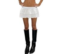 Eghunooye Womens Y2k Ruffle Mini Skirt Eyelet Embroidery Low Rise Layered Skirts Summer A Line Casual Short Skirts (White, S)
