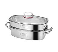 Eglaf 2-Tier Stainless Steel Fish Steamer - Multi-Use Square Steaming Cookware with Rack, Ceramic Plate, Chuck, Oven Mitts - Stockpot for Steaming Fish, Boiling Soup