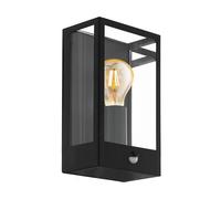 Eglo Alamonte Outdoor Motion and Twilight Sensor wall Light | waterproof external porch lighting in black metal and clear glass, E27 socket, IP44