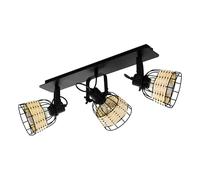 EGLO Anwick 1 Ceiling Light, 3-Bulb Ceiling Light, Vintage, Boho, Ceiling Spotlight Made of Steel and Rattan, Living Room Lamp in Black, Natural, Kitchen Lamp, Spotlights with E27 Socket