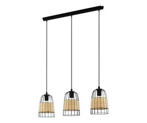 EGLO Anwick Pendant Light, 3-Bulb Vintage Boho Pendant Light Made of Steel and Rattan, Dining Table Lamp, Living Room Lamp, Hanging in Black, Natural, E27 Socket
