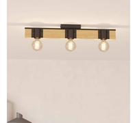 EGLO Ceiling Light fixture Bailrigg, rectangular ceiling lamp with 3 spots, FSC100HB, natural colour wood and black metal spotlight, E27 socket