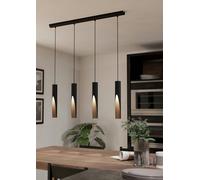 Eglo LED Pendant Light Barbotto, 3 lamp Ceiling Light Fitting with indirect Lighting, Hanging lamp for Dining and Living Room, Metal in Black and Wood Effect, GU10 Bulb, Warm White