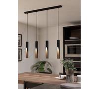 Eglo LED Pendant Light Barbotto, 3 lamp Ceiling Light Fitting with indirect Lighting, Hanging lamp for Dining and Living Room, Metal in Black and Wood Effect, GU10 Bulb, Warm White