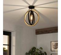 Eglo Ceiling Light Fitting Basildon, semi-Flush Mount Ceiling lamp in Ring Design, Round Living Room Lighting Made of Wood and Black Metal, FSCM70HB, E27 Socket