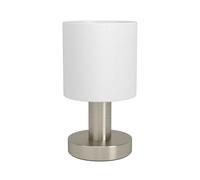 Eglo Bedside Table lamp Monetto, Small Decorative Light Fixture, Elegant Living Room and Bedroom Lighting, Silver Metal with White Fabric lampshade, E14 Socket, H 18 cm
