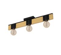 EGLO Ceiling Light fixture Bailrigg, rectangular ceiling lamp with 3 spots, FSC100HB, natural colour wood and black metal spotlight, E27 socket
