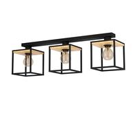 EGLO Ceiling Light Fixture Libertad, Elegant 3 lamp Lighting, Living Room lamp Made of Black Metal and Natural Wood, E27 Fitting