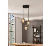 Eglo Chisle Black And Amber Metal And Glass 3 Light Ceiling Pendant, (D) 42.5Cm