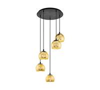 EGLO Cluster pendant lighting Alabraccin, ceiling light fitting with 5 shades, hanging lamp for dining room made of black metal and gold-coloured glass, E27 socket, 23”