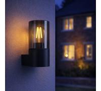 Eglo Outdoor wall lamp Cropani, Front Door and Porch Light with Smoked Glass Cylinder, Black Plastic and Glass, E27 Socket, IP54