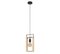 EGLO Famborough Pendant Light, 1-Bulb Pendant Lamp, Vintage, Industrial, Scandinavian, Steel Pendant Light in Black and Natural Wood, Dining Table Lamp, Living Room Lamp Hanging with E27 Socket