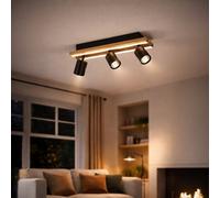 Eglo Gesteira Steel And Wood Led Warm White Modern 3-Light Spotlight, Black And Brown