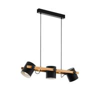 Eglo Hornwood Vintage Ceiling Light, Industrial Design 3-Flame Pendant Lamp, Black and Cream Steel with Brown Wood Retro Hanging Lighting, E27 Socket