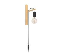 Eglo Indoor wall lamp Pockley, Height-Adjustable wall Light Fixture with Plug and Switch, Light-Coloured Wood and Black Metal, FSC Certified, E27 Socket