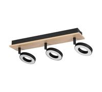 Eglo LED Ceiling Lamp Rielves, Light with 3 Adjustable Spots, Wooden Spot Bar in Brown and Metal Black, FSC Certified, Warm White, L 40 cm