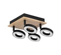 Eglo LED Ceiling Lamp Rielves, Light with 4 Adjustable Spots, Swivelling Spot Bar, Spotlight in Brown Wood and Black Metal, FSC Certified, Warm White, 17 x cm