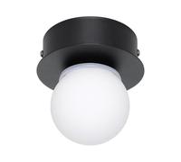 Eglo LED Ceiling Light Fitting Mosiano, Small Ceiling lamp in Globe Shape, Bathroom Lighting Made of Metal in Black and Glass in White, Warm White, IP44, ∅ 11 cm