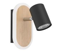 Eglo LED Indoor Wall Light Rimbocchi, Oval Mounted lamp with Adjustable Spotlight, Metal Spotlight in Black and Wood Effect, Warm White