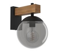 Eglo LED Outdoor Wall Light Fixture Bufalata, External Porch lamp, Globe-Shaped Outside Spotlight, Black and Wooden Effect Metal, White Plastic, E27 Socket, IP44