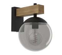 Eglo LED Outdoor Wall Light Fixture Bufalata, External Porch lamp, Globe-Shaped Outside Spotlight, Black and Wooden Effect Metal, White Plastic, E27 Socket, IP44