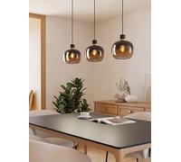 Eglo Pendant Lamp Oilella, 3-Light with Smoked Glass Above Dining Table, Hanging Ceiling Light in Metal Globe Black-Brown and Brass, E27 Fitting, L 95 cm