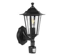 EGLO Outdoor Wall Lamp Laterna 4, 1 Bulb Exterior Wall Lighting, 6 Panel Lantern incl. Motion Detector, made of Cast aluminium and Glass, Colour: Bla