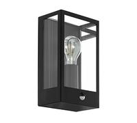 EGLO Outdoor Wall Light Alamonte with Motion and Twilight Sensor, External Porch Lighting, Waterproof Outside Lamp Made of Black Metal and Clear Glass, E27 Socket, IP44