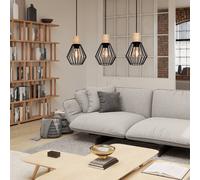 Eglo Pendant Lighting Palmorla, 3 Light Pendant lamp Vintage, Industrial, Retro Ceiling Light Made of Black Metal and Natural Wood, Dining Table lamp FSC Certified, E27 Socket