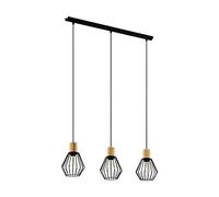 EGLO Palmorla Pendant Light, 3-Bulb Pendant Lamp, Vintage, Industrial, Retro, Pendant Light Made of Steel and Wood in Black, Natural, Dining Table Lamp, Living Room Lamp, Hanging with E27 Socket