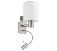 Eglo Pasteri LED Wall Light, Nickel Matt Steel and White Fabric Wall Lamp, E27 Socket, incl. Switch and Flexible Reading Lighting