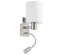 Eglo Pasteri LED Wall Light, Nickel Matt Steel and White Fabric Wall Lamp, E27 Socket, incl. Switch and Flexible Reading Lighting
