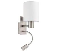 Eglo Pasteri Satin Nickel Metal And Fabric Wall Light With Integrated Led Adjustable Reading Light In White White One Size