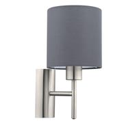 Eglo Pasteri Textile Wall Light, Matt Nickel Steel and Grey Fabric Wall Lamp, E27 Socket, Incl. Switch