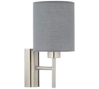 EGLO Pasteri Textile Wall Light, Matt Nickel Steel and Grey Fabric Wall Lamp, E27 Socket, Incl. Switch