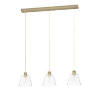 Eglo Pendant Lamp Copley, Dining Table Light Smoked Glass, 3-Light Ceiling Hanging Clear Glass and Gold Metal, E27 Socket, L 90 cm