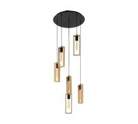 Eglo Pendant Lamp Littleton, 6-Light Vintage Pendant in Industrial Style, Retro Hanging Lamp Made of Steel and Wood, Colour: Black, Brown, Socket: E27