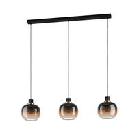 Eglo Pendant Lamp Oilella, 3-Light with Smoked Glass Above Dining Table, Hanging Ceiling Light in Metal Globe Black-Brown and Brass, E27 Fitting, L 95 cm