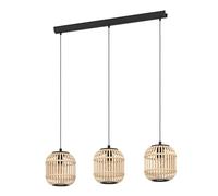 Eglo Pendant Light Bordesley, 3-Light Hanging Lamp Vintage, Natural, Boho, Hygge, Suspension Lamp Made of Black Steel and Natural Wood, Dining Table Light, Hanging Living Room Lamp with E27 Socket