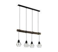EGLO Pendant light fitting Horningtops, rustic hanging lamp in vintage, industrial and retro design, 4-lamp dining and living room lamp, black steel and natural wood, E27 socket, L 28”