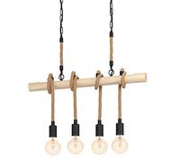 Eglo Pendant Light Youngstown, 4-Light Hanging Lamp Vintage Industrial Retro, Pendant Lamp Steel Wood Natural Rope, Dining Table Light, Living Room Hanging Lamp Black Natural E27 Socket