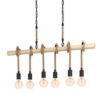 Eglo Pendant Light Youngstown, 6-Light Hanging Lamp Vintage Industrial Retro, Pendant Lamp Steel Wood Natural Rope, Dining Table Light, Living Room Hanging Lamp Black Natural E27 Socket