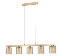 EGLO Pendant lighting Castralvo, ceiling light fitting with 5 shades, hanging lamp for dining room made of glass in amber colour and natural wood, E27 socket, Ø 47.6“