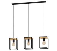 Eglo Pendant Lighting Libertad, 3 Bulb Ceiling Light Fitting, Hanging lamp for Dining Room Made of Black Metal and Natural Wood, E27 Socket